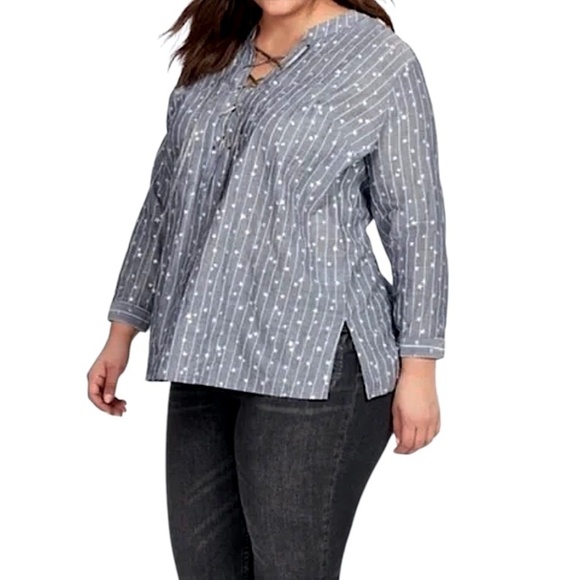 JOHNNY WAS WORKSHOP Stars & Stripes Lace-Up Top Gray Chambray Boho - Picture 4 of 13